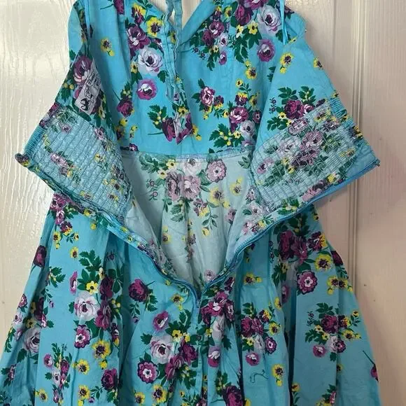 Hell Bunny Vixen Turquoise Floral Halter Dress Size M Pinup Flowy Vacation - Picture 7 of 8
